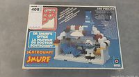 Front of boxed ENTEX Loc Blocs Dr. Smurf's Office set showing 180 pieces and model image