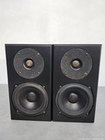 Front view showing two vintage Totem Mite MTB368311 speakers with visible wear on the tweeter domes and speaker cones.