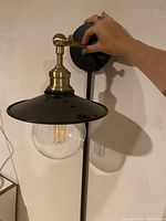 Black metal sconce mounted on wall with brass arm, clear Edison bulb illuminated