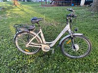 Full side profile of white Lark electric bike showing frame, front suspension, rear rack and wheels