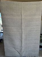 Full view of the black and white geometric patterned rug hanging, showing the overall design and size approximately 6x4 feet.