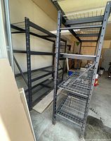 Side view of two assembled shelving units in garage space.