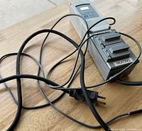 Grey Rainco electronic temperature controller device with display, control buttons, three outlets including heating, and attached power cords on wooden surface.