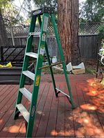 Green Werner step ladder standing on wooden deck outdoors, showing full ladder profile and background environment.