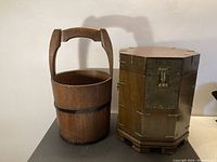Front view of antique oak bucket and octagonal wooden chest showing size and details