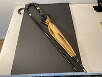 View of the gentleman's cane alongside the umbrella showing overall appearance, size, and color.