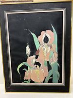 Full view of the framed watercolour painting featuring stylized flowers with a black background and double matting.