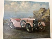 Full view of the oil painting showing the classic car with pink body and red cushioned interior, set against rocky and cloudy background.