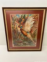 Framed watercolour painting showing full view of pheasant with wings raised in a natural setting among trees.