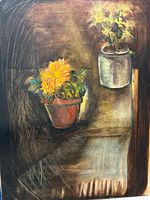 Full view of oil on canvas painting depicting two potted flowers, one yellow-orange and one light yellow, on a textured dark earthy background.