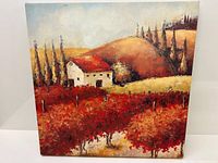 Square painting depicting a rural landscape with a white house with a red roof, hills, and tall trees in background.