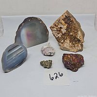 Overview of all six rocks and minerals arranged with label number 626 visible