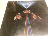 Front cover of Triumph vinyl record Progressions of Power showing three band members' faces and colored light beams on black background.
