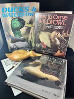 Three books standing upright: 'Ducks & Waterfowl', 'How to Carve Wildfowl', and 'Bird Decoys of North America'.