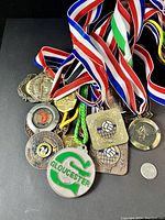Top view of grouped 13 sports medals with different colored ribbons including red, white, and blue, and one green string medal with Gloucester logo.