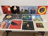 Front view of 13 vinyl LP record albums arranged in two rows on a table, showing album cover artwork and titles.