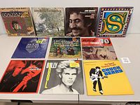 Top view of all 10 vinyl album covers laid out in a 3 by 3 grid with one extra on top, showing album art for various artists including The Beatles, Small Faces, Jim Croce, Steppenwolf, Big Country, Chad Stuart & Jeremy, Festival Italy-France, Tom Petty and the Heartbreakers, Billy Idol, and Chuck Berry.