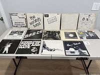 Photo of 15 vinyl record albums displayed on a table showing front covers.