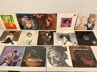 Front sides of 14 vinyl record album covers displaying various musical artists and albums.