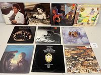 Front covers of 11 vinyl records laid out on table showing artists and album titles.