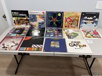 Front view of 14 vinyl LP records lined on a table with album covers visible.