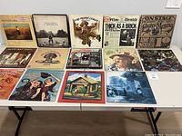 Top view of 14 vinyl record album covers on table, labeled front covers with artist and album titles visible.