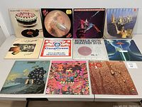 Front view of 12 vinyl records showing album covers on table.