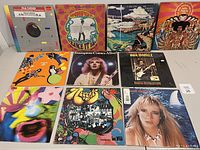 Front view of 11 vinyl records with covers showing various artists including Tina Turner, Donovan, Jimi Hendrix, and Bob Marley.