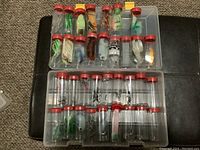 Overview of fishing supplies including lures and hooks organized in tubes inside a plastic container.
