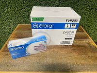 Photo of one sealed box of Elara PrepFit vinyl gloves with 100 gloves inside, showing box labeling