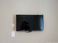 Full view of the 24 inch flat screen TV mounted on wall with remote attached and wall mount bracket visible.