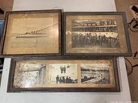 View of three antique framed nautical photos displayed together, showing condition and overall lot