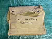 Front view of tan canvas first aid kit pouch with 'CIVIL DEFENCE CANADA' marked on the front flap.