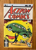 Front cover of the 1988 Action Comics #1 showing Superman lifting a green car with a man and a woman in the background.