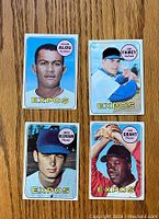 Front side of four 1969 Topps Montreal Expos baseball cards showing player portraits and team name.