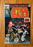 Front cover of the Star Wars #4 comic book showing Darth Vader and main characters Luke Skywalker, Obi-Wan Kenobi, and Princess Leia in dramatic scene with vibrant colors and text details.