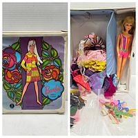 Front of vintage Barbie doll case showing colorful 1960s floral and Barbie illustration with text.