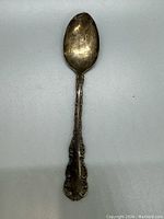 Top view of an antique Birks sterling silver spoon showing ornate handle and tarnished, worn surface.