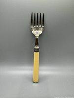 Front view of antique sterling silver fish serving fork with yellowish handle against grey background