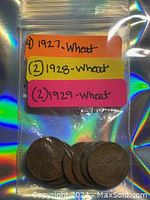 Plastic bag containing 8 Wheat pennies with labeled colored tape indicating 4 pennies from 1927, 2 pennies from 1928, and 2 pennies from 1929