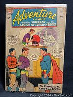 Front cover of the Adventure Comics issue featuring Superboy and the Legion of Super-Heroes, showing colorful 1960s comic art and story teaser.