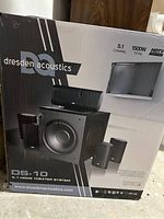 Box of Dresden Acoustics DA-10 5.1 home theater surround sound system showing product image and specifications.