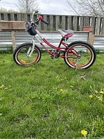 Side view of girls 16-inch bicycle showing red frame, white front fork, black training wheels, and floral patterned seat on grass background