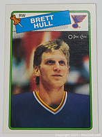 Front of Brett Hull rookie hockey card with player photo and St. Louis Blues logo