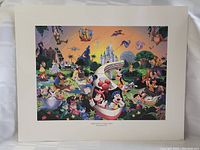 Full view of the Walt Disney limited edition art print featuring numerous Disney characters and iconic park elements against a sunset sky background.