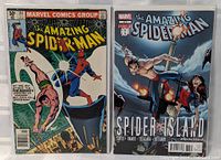 Photo of two Spider-Man comic books, The Amazing Spider-Man #211 by Marvel Comics Group and The Amazing Spider-Man Spider Island #5, showing front covers in protective sleeves.