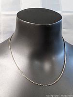 Full view of sterling silver rope chain necklace displayed on a black neck bust showing overall length and shape.
