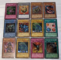 Photo showing a set of 12 Yu-Gi-Oh! cards with holo and foil features including Null and Void, Token, Paralyzing Potion, Penguin Soldier, Relinquished, Don Zaloog, Luster Dragon, Scapegoat, Gryphon Wing, and Card Destruction.