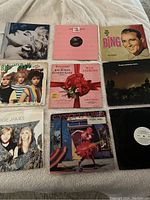 Lot of 9 vinyl records arranged on a blanket, showing front covers and spine edges.