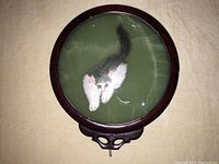 Front side of round wooden frame with convex glass showing silk embroidered cat on green silk background, cat in kneeling mantis pose with white and grey fur, visible details on framing and hook beneath.